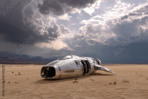 Fototapeta Naklejka Na Ścianę i Meble -  Futuristic spaceship lies abandoned in a barren desert beneath turbulent storm clouds