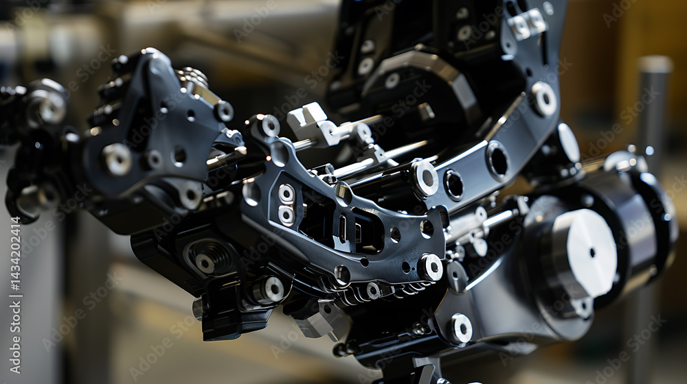 Fototapeta premium A robotic arm in a high tech factory, assembling precision parts for robots used in autonomous logistics and warehousing systems, Logistics-tech style