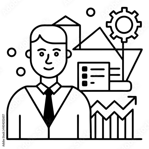 A cartoon businessman, a vector illustration of a manager with money and a graph, works on a computer in his office