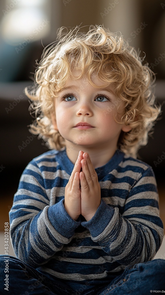 Toddler prays, home interior, sunlight Toddler prays, home interior, sunlight