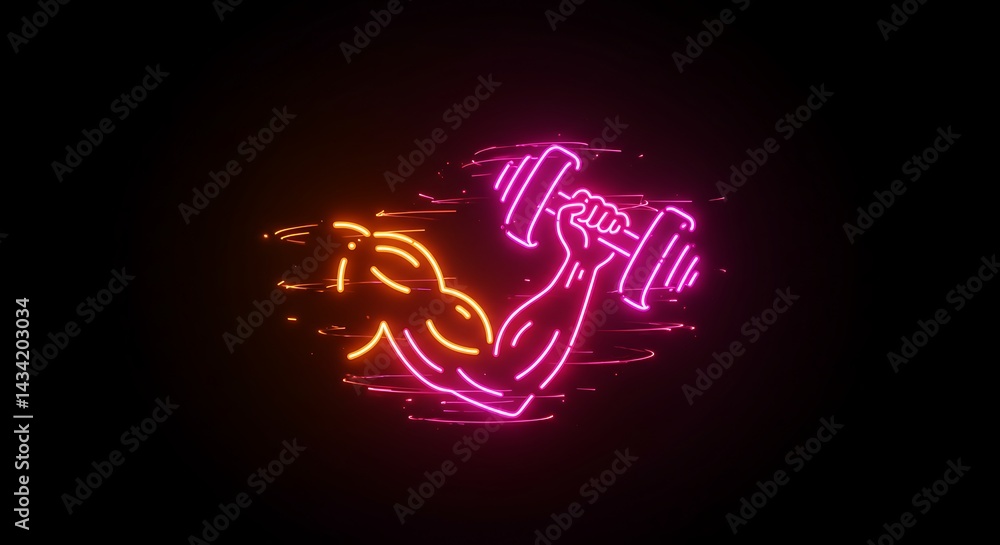 Obraz premium A neon icon of a muscular arm holding a dumbbell, with glowing pink and orange light streaks, energetic and vibrant style