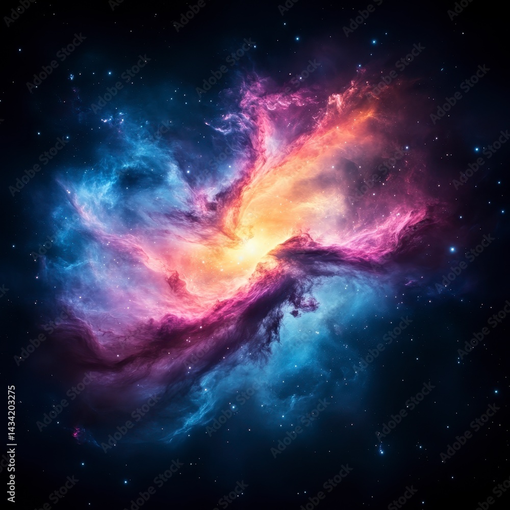 Fototapeta premium Cosmic swirl of pink, purple, blue, and orange nebula gas clouds in dark space with scattered stars.