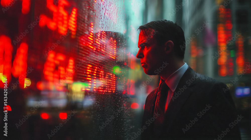 Wall Street trader in suit staring at a digital red down stock ticker in a bear market day