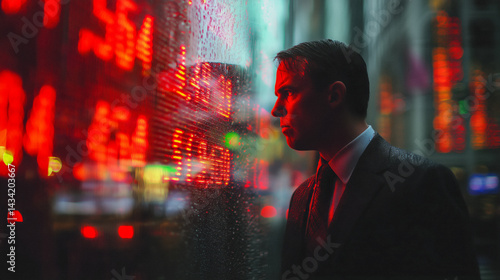 Obraz na płótnie Wall Street trader in suit staring at a digital red down stock ticker in a bear market day w salonie