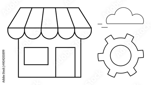 A storefront with a striped awning, a gear icon, and a cloud symbol. Ideal for business, technology, innovation, online stores, system solutions, cloud computing simple landing page