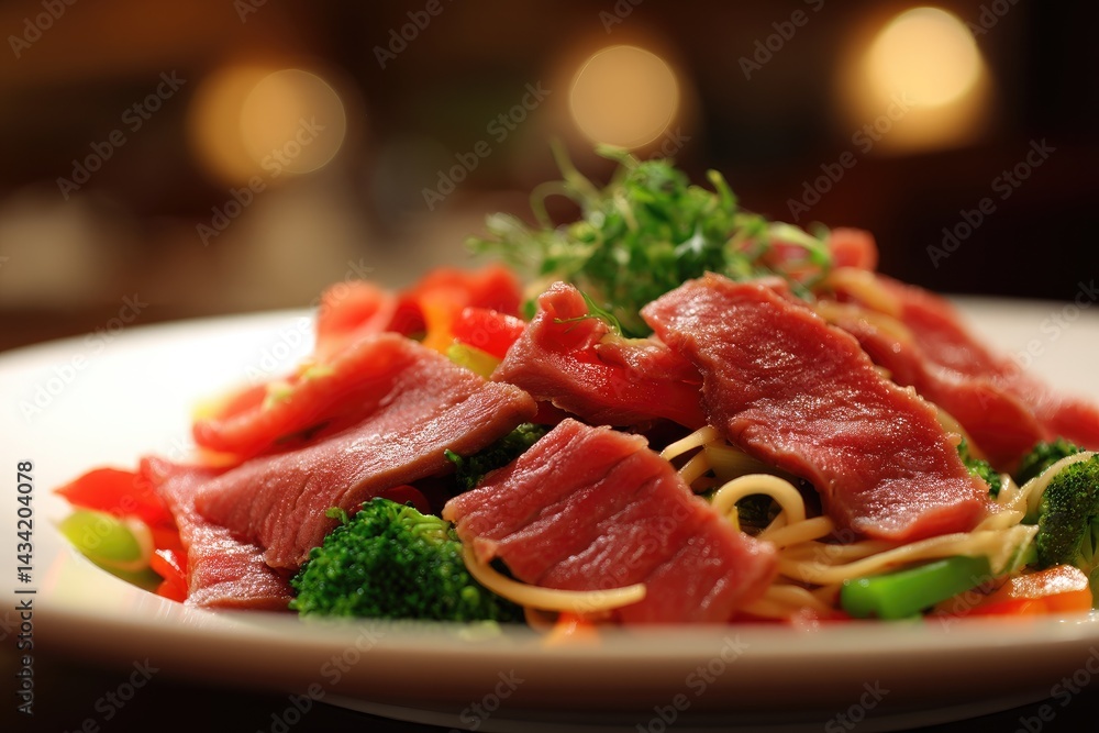 Delicious dish of sliced meat and vegetables with noodles. Delicious dish of sliced meat and vegetables with noodles.