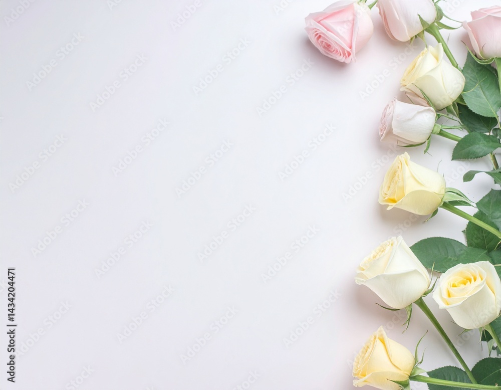 Un elegante arreglo vertical de rosas en tonos suaves de blanco, rosa pálido y amarillo, destacando sobre un fondo blanco Un elegante arreglo vertical de rosas en tonos suaves de blanco, rosa pálido y amarillo, destacando sobre un fondo blanco