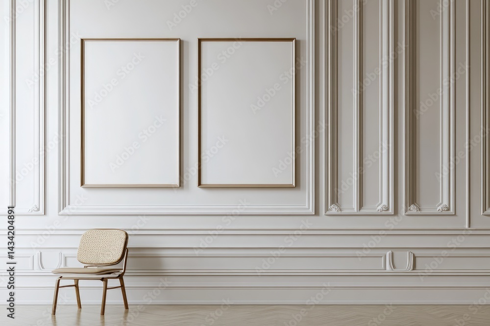 Fototapeta premium Minimalist dining room with framed blank posters. AI generated illustration.