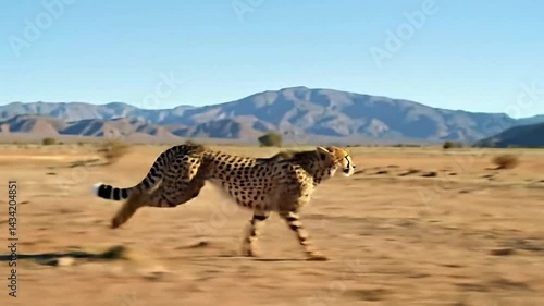 Cinematic wide shot of a lone cheetah running across an open desert-like plain with distant mountains in the background