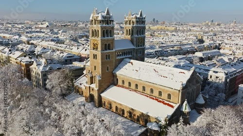 Aerial view of St. Maximilian Church in Munich in winter with lots of snow. Shot on December 3, 2023.