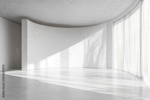 Modern interior featuring curved blank wall, spacious room design for mockup, contemporary minimalistic style with soft lighting and elegant composition. AI generated illustration.