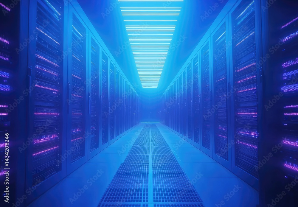Symmetrical server room glowing with blue and purple lighting, futuristic atmosphere and perspective depth ideal for AI, cloud computing, cybersecurity, and digital infrastructure themes Symmetrical server room glowing with blue and purple lighting, futuristic atmosphere and perspective depth ideal for AI, cloud computing, cybersecurity, and digital infrastructure themes
