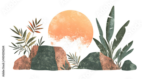 Abstract botanical illustration, tropical plants, large sun, rocks, leaves, organic shapes, warm colors, green and orange palette, minimalist design