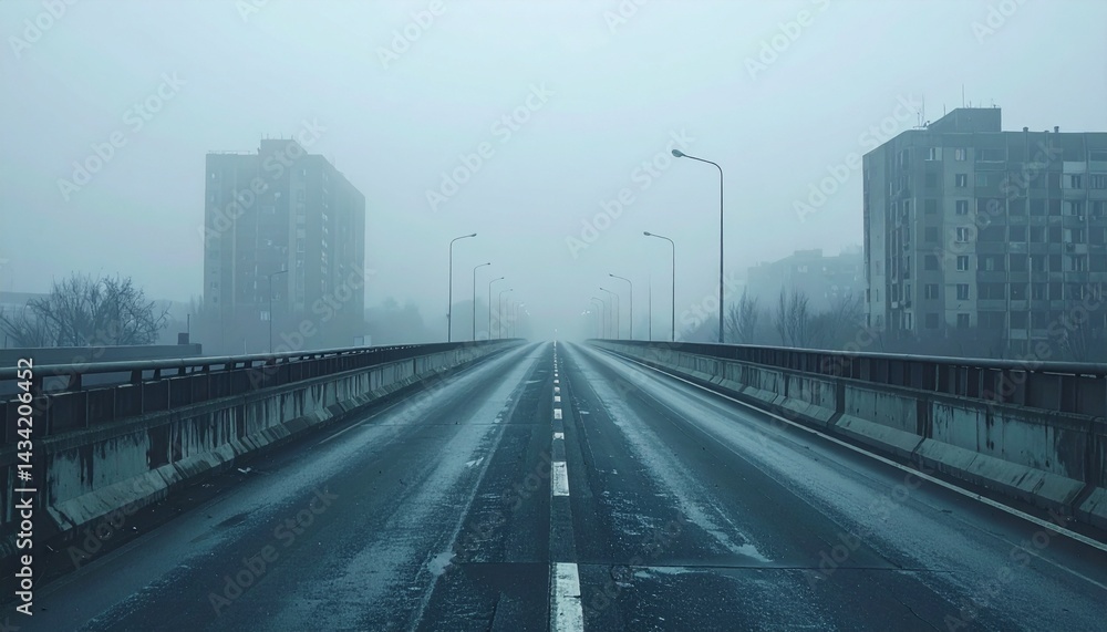 Fototapeta premium Empty elevated freeway vanishing into dense early morning fog