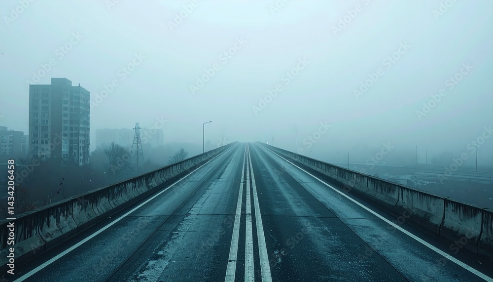 Fototapeta premium Empty elevated freeway vanishing into dense early morning fog