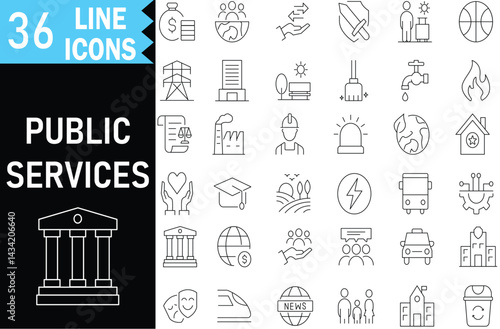Public Services outline icons for Government, Utilities, Transport, Community, Energy and Emergency. Editable Vector stroke pictograms. illustration EPS10