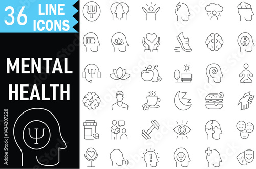 Mental Health and Psychology Line Icons Set | Thin Outline Vector Symbols for Therapy, Anxiety, Depression, and Emotional Care
