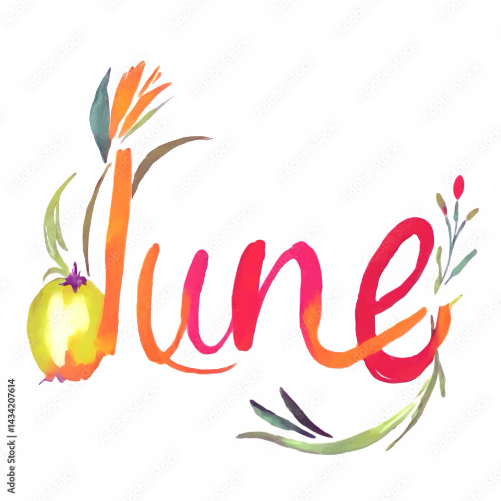 Obraz premium month of june word text with fruit and branch vector illustration