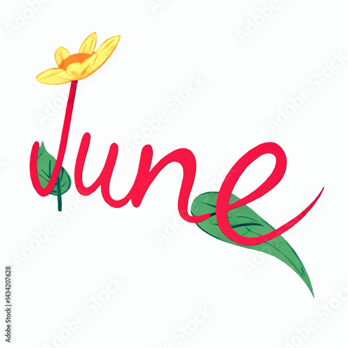 month of june text, letters, word, floral vector illustration