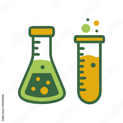 Laboratory flasks with colorful liquids and bubbles