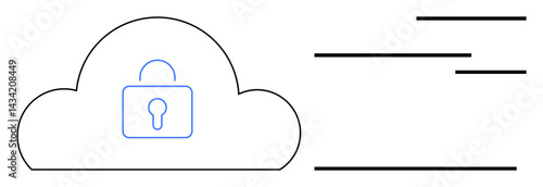 Cloud with a lock representing security and data protection, accompanied by abstract lines. Ideal for technology, privacy, cybersecurity, storage, networking, IT solutions innovation. Flat simple