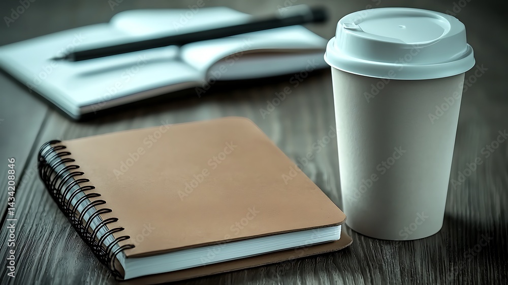 Cozy workspace with a notebook, pen, and coffee cup on a wooden table, ideal for productivity Cozy workspace with a notebook, pen, and coffee cup on a wooden table, ideal for productivity