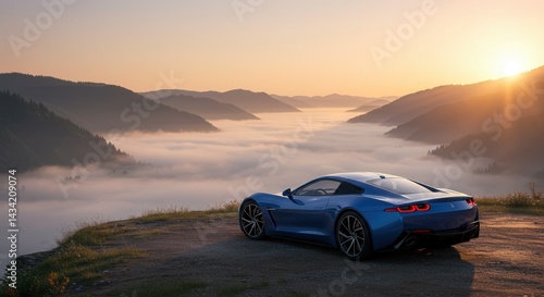 Blue Sports Car on Cliff Overlooking Foggy Valley at Sunrise