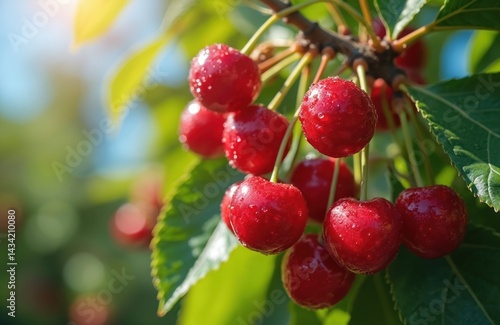 Close-up of ripe red cherries hanging on branches. Fresh juicy fruit with water drops, against green leaves and blue sky on sunny day. Organic healthy food harvest. Season. Food concept.
