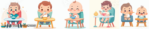 Vector collection of a happy baby boy eating in a baby chair
