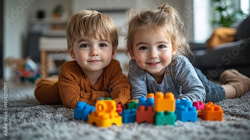 Happy toddlers playing with blocks in living room