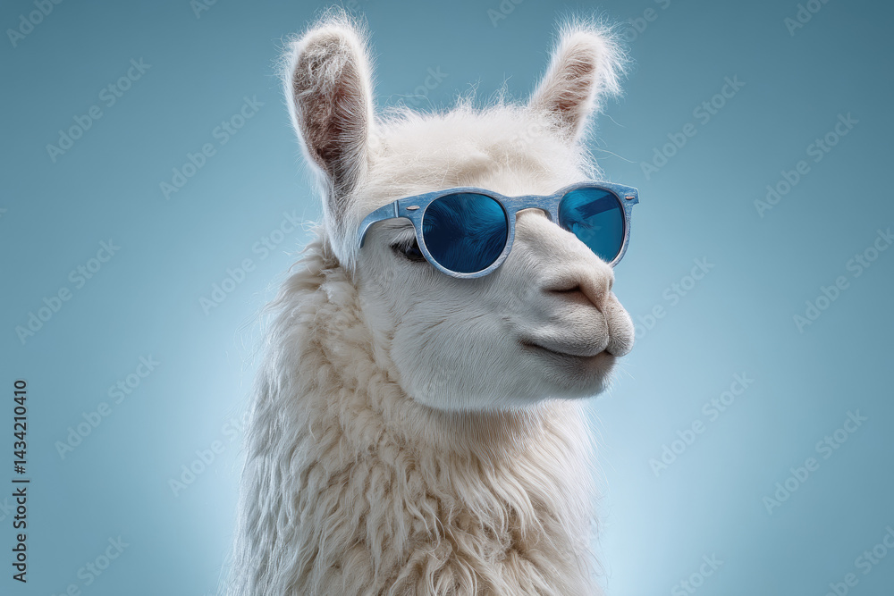 Fototapeta premium A stylish llama wearing blue sunglasses against a soft blue background, exuding a cool vibe