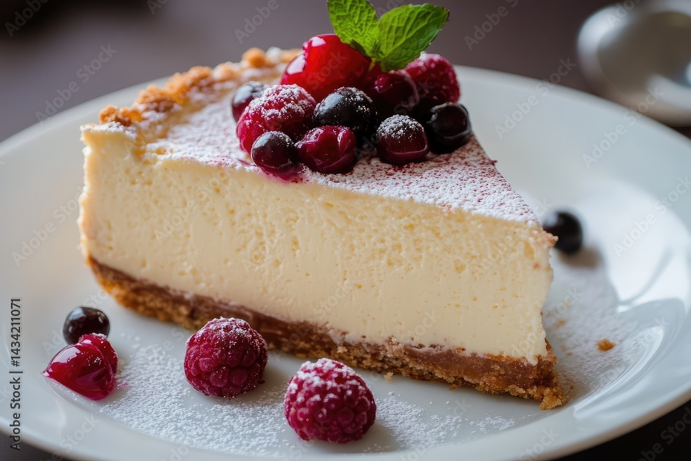 New York cheesecake with fruit topping, close-up view, on a white plate. AI generated illustration. New York cheesecake with fruit topping, close-up view, on a white plate. AI generated illustration.