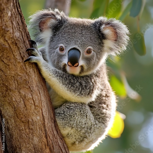 Cute koala bear with large eyes on tree branch