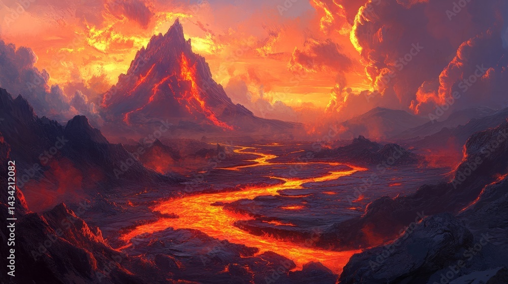Naklejka premium A river of lava flowing from an erupting volcano, molten rock glowing in bright orange and red hues generative ai