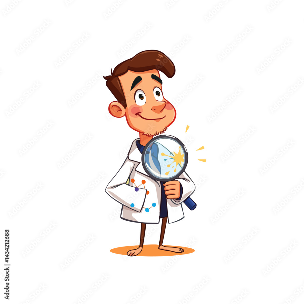 Obraz premium A playful cartoon-style illustration featuring a young boy with glasses holding a clipboard and a cheerful male scientist with a magnifying glass.