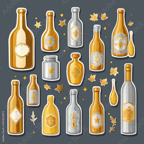 set of golden and silver flacons and bottles vector illustration
