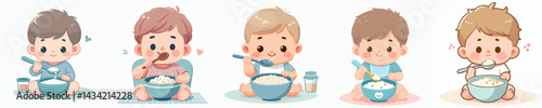 Vector collection of a cute little Baby boy eating porridge in a bowl with a spoon