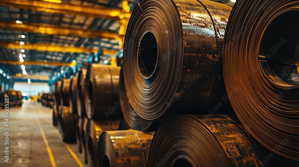 Fototapeta premium steel coils stacked in a warehouse with soft lighting highlighting the metal texture, industrial setting, clean floors, and clear copy space on the left side of the frame steel coils, metal 