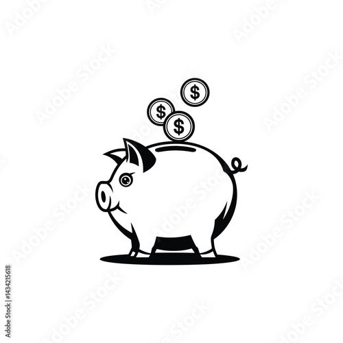 Piggy Bank Coin Saving – Black and White Vector Illustration of Money Savings, Finance Symbol, Dollar Currency Investment, Budget Planning Clipart, Financial Concept for Banking and Wealth Growth
