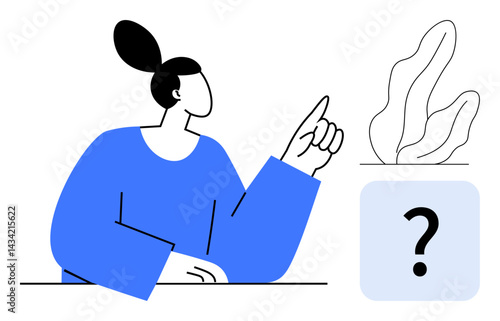 Minimalist design of a woman gesturing toward a question mark icon beside a leaf illustration. Ideal for decision-making, inquiry, problem-solving, education, curiosity, exploration, and a simple