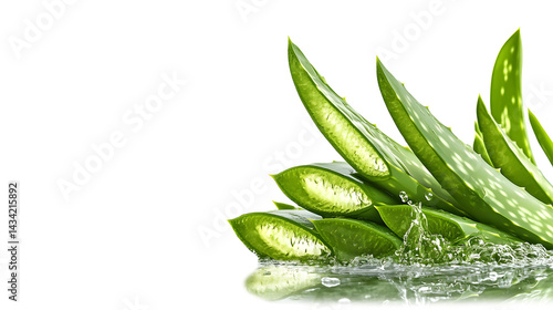 Aloe vera plant, vibrant green leaves, water splash, transparent liquid, white background
