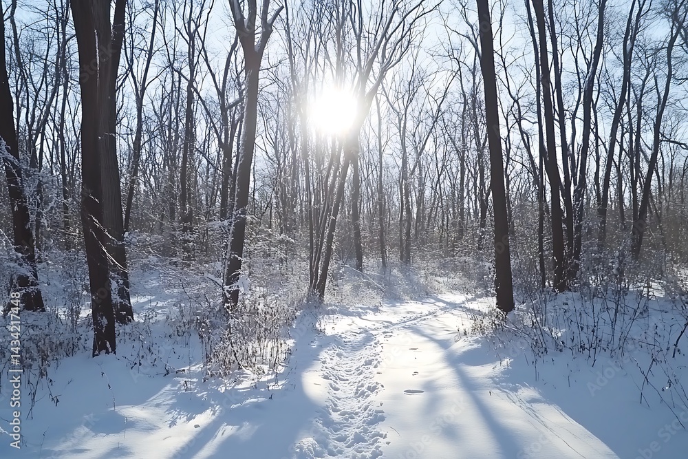 Obraz premium Winter Wonderland Sunlit Path Through a Snow-Covered Forest, Serenity, Tranquility, and Natural Beauty