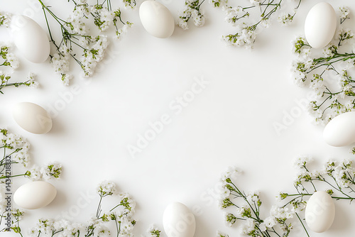 Easter background with white flowers and eggs on the right side, top view.