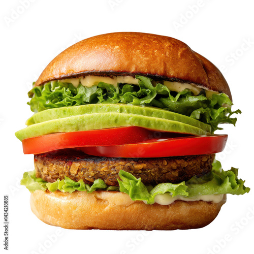 Veggie burger with avocado, lettuce, and tomato on a toasted bun