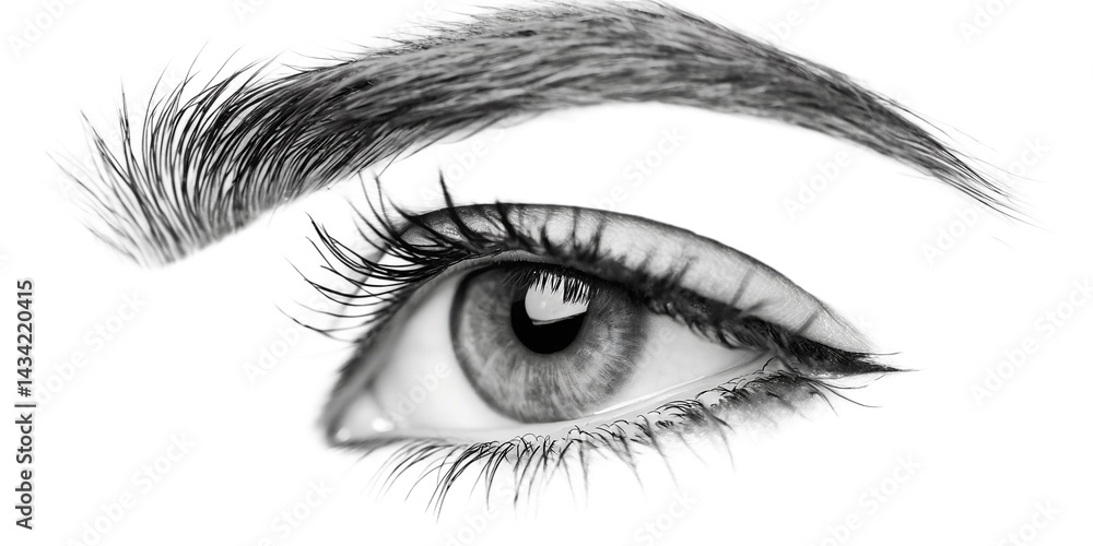 Fototapeta premium Black and white macro close-up captures the abstract beauty of a woman's eye, her dark pupil contrasting with the white of her eyeball and delicate eyelashes