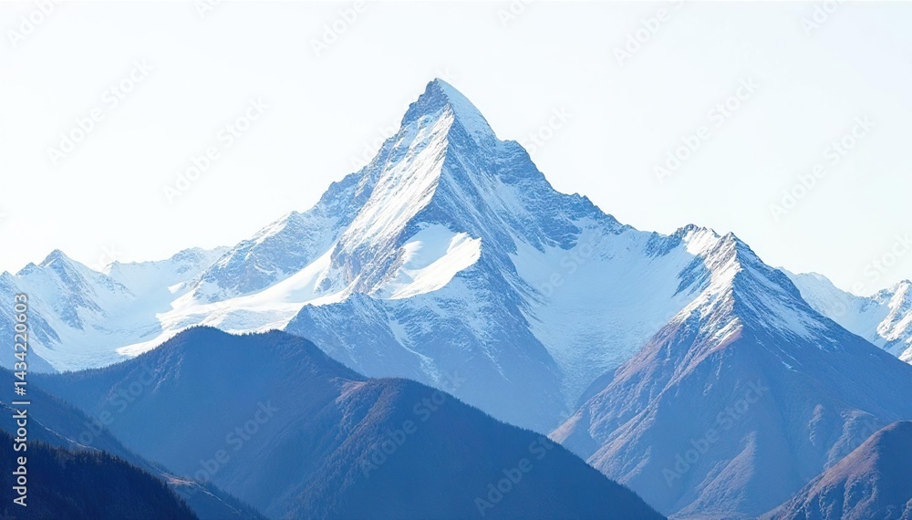 Snow-covered mountain peak against pristine white sky, snow, beauty Snow-covered mountain peak against pristine white sky, snow, beauty