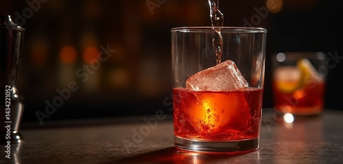 Dramatic Negroni preparation with swirling liquid layers