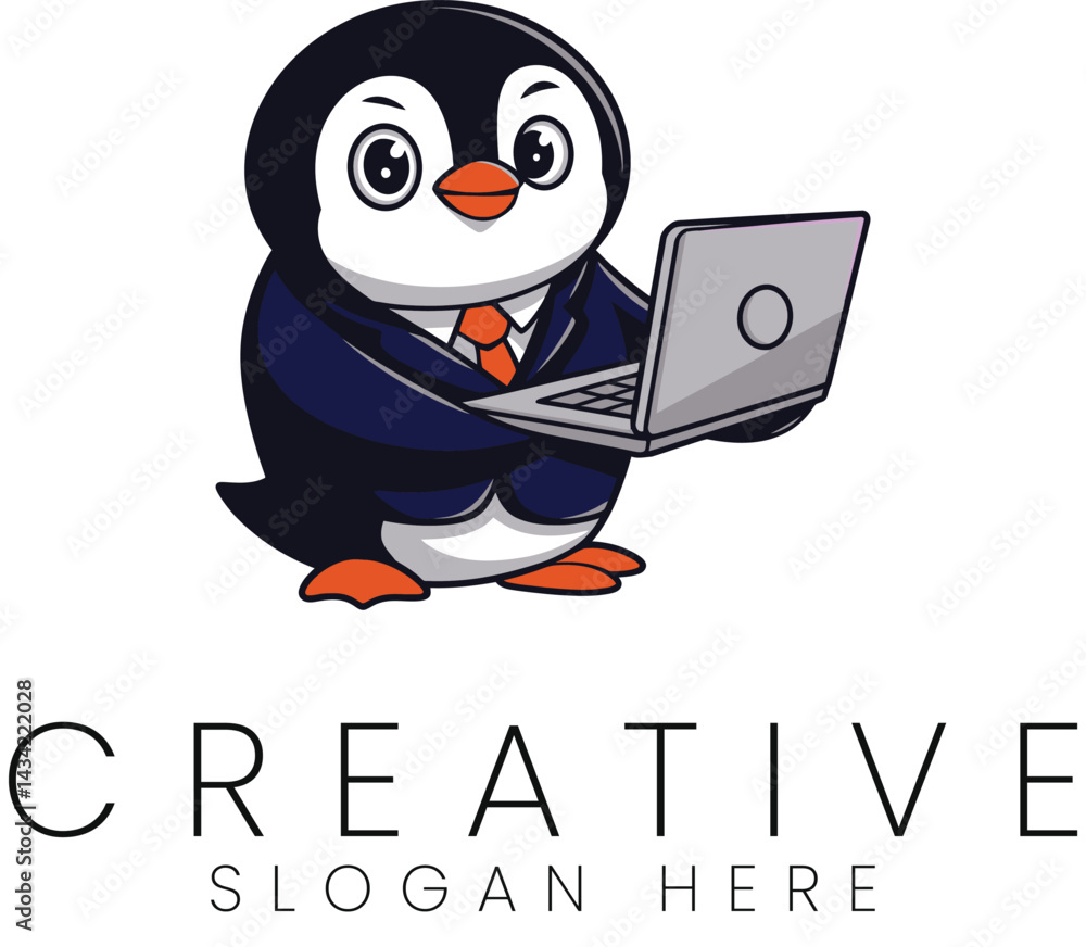 Naklejka premium Cute Penguin Businessman Working Laptop Computer tie art icon logo bird suit funny smart 