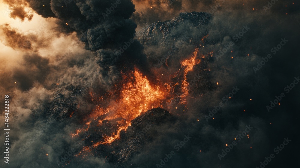 A huge volcano spews bright red lava, thick black smoke covers the sky, cinematic composition. generative ai A huge volcano spews bright red lava, thick black smoke covers the sky, cinematic composition. generative ai