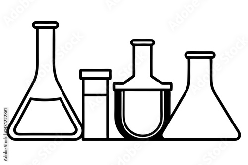 Transparent glass laboratory equipment, including beakers, flasks, and test tubes with colorful liquids, are isolated for chemical science experiments and research